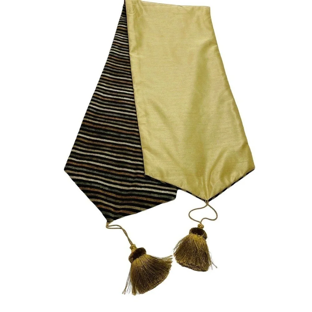 Reversible Silk Shantung Table Runner Velour Stripe‎ 11x58 Gold Beige Black Fall